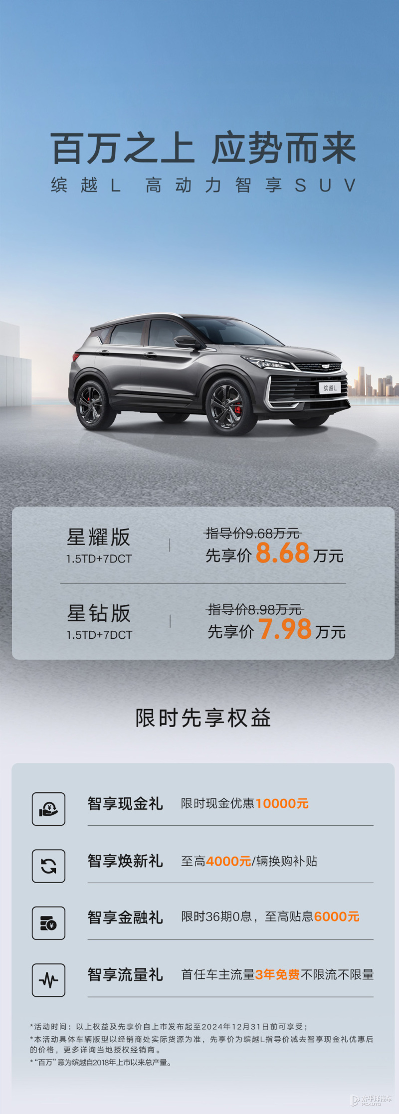 吉利新款缤越L上市售898万元起